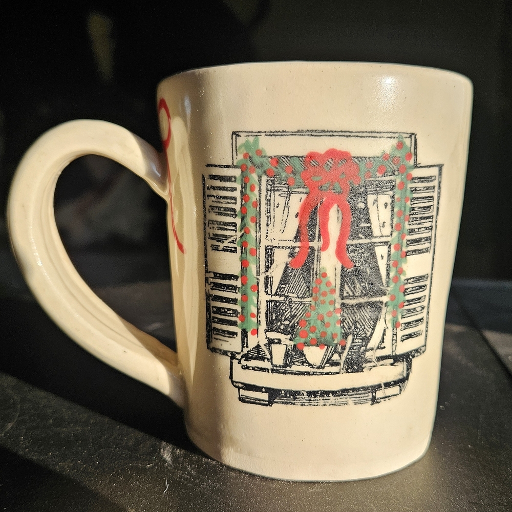 Festive White Mug with Holiday Window Design